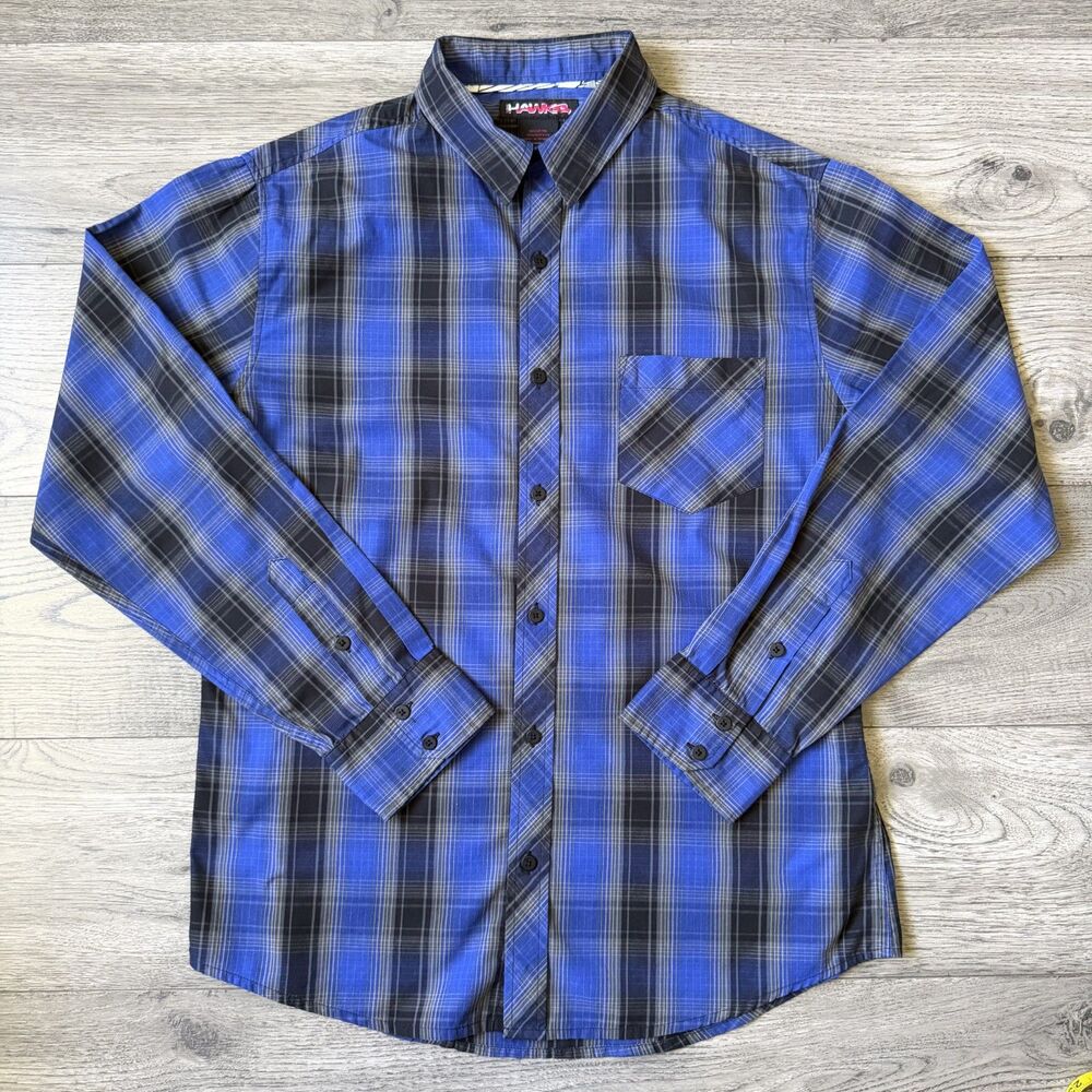 Tony Hawk Men’s Black and Blue Casual Plaid Button Down Skater Shirt - Size L